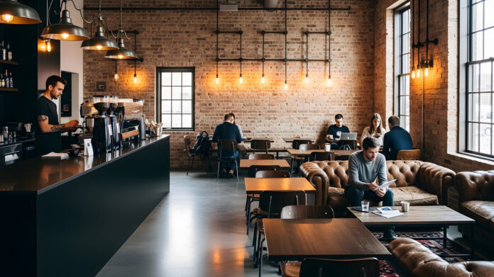 Group of business people having a meeting in a modern coffee shop.