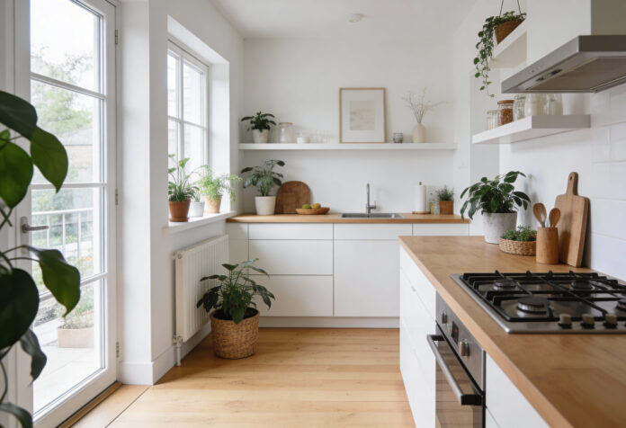 interior of modern white kitchen with wooden floor and built in cooker